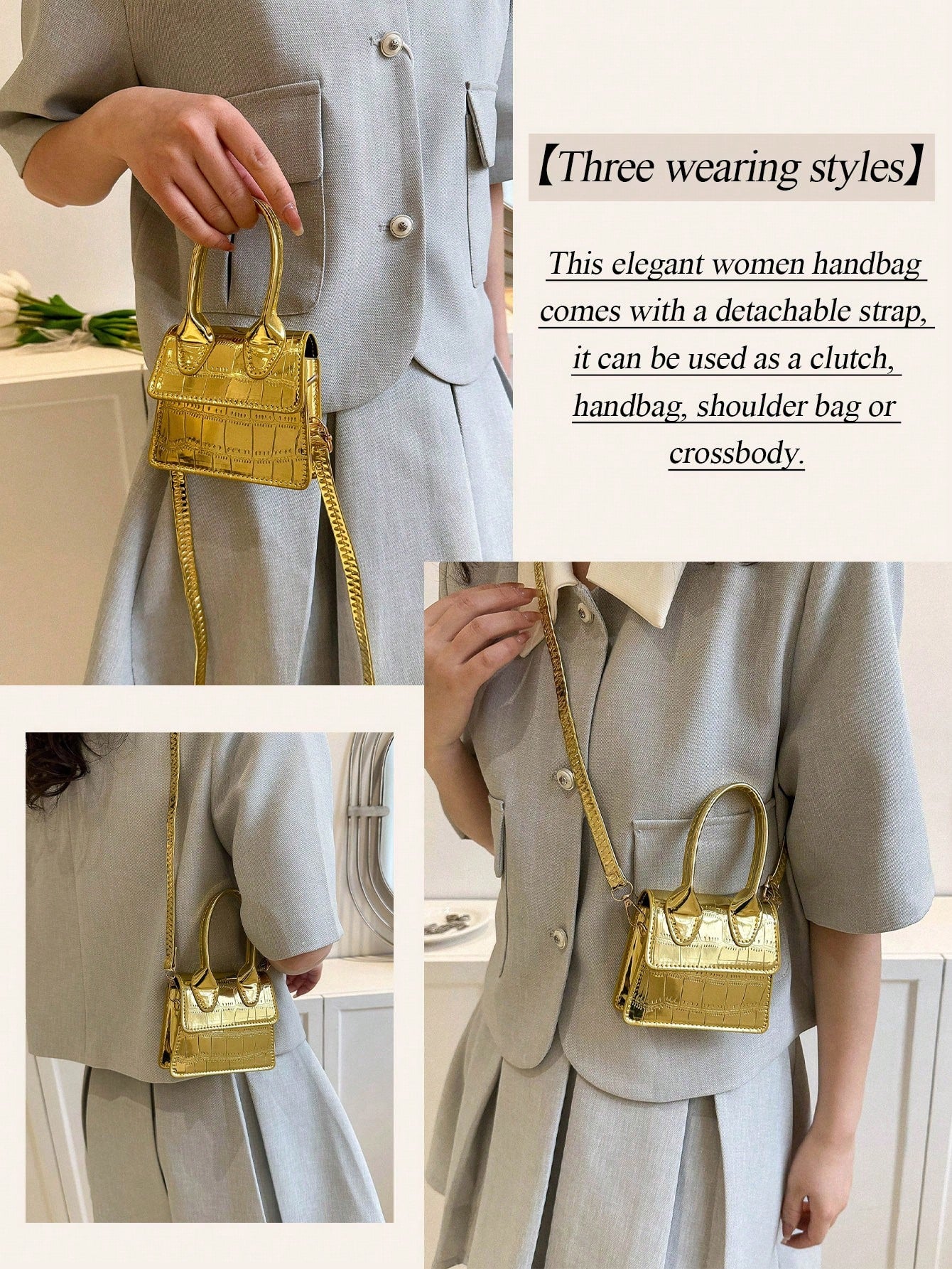 Fashion Stone Simple Crossbody Bag Handbag Shoulder Bag Small Square Bag Mini Bag Solid Color Crocodile Pattern Personalized Retro Aesthetic Black