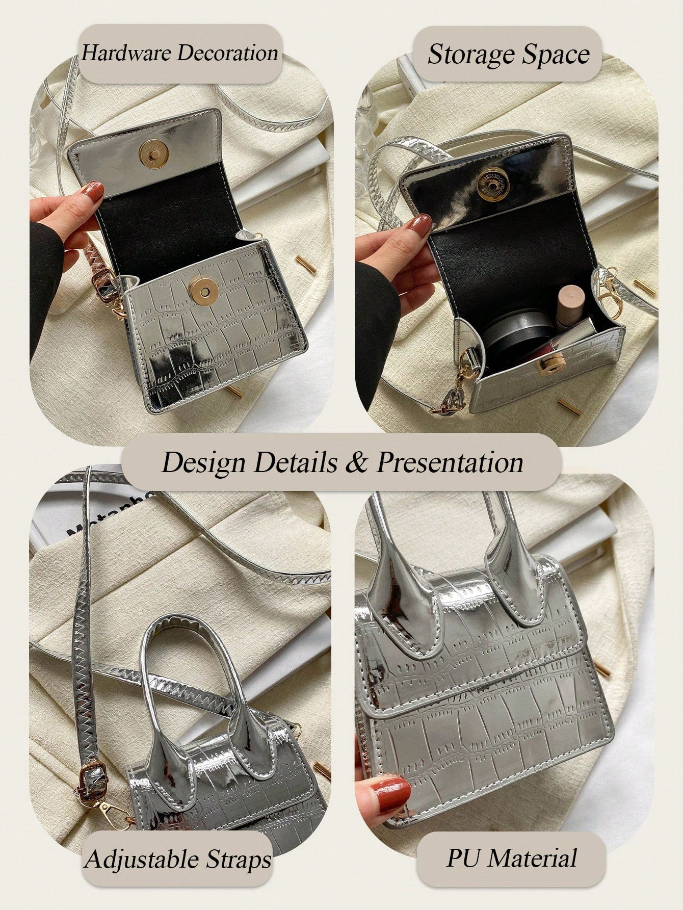 Fashion Stone Simple Crossbody Bag Handbag Shoulder Bag Small Square Bag Mini Bag Solid Color Crocodile Pattern Personalized Retro Aesthetic Black