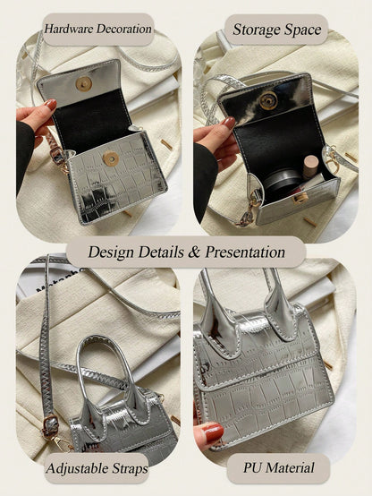 Fashion Stone Simple Crossbody Bag Handbag Shoulder Bag Small Square Bag Mini Bag Solid Color Crocodile Pattern Personalized Retro Aesthetic Black