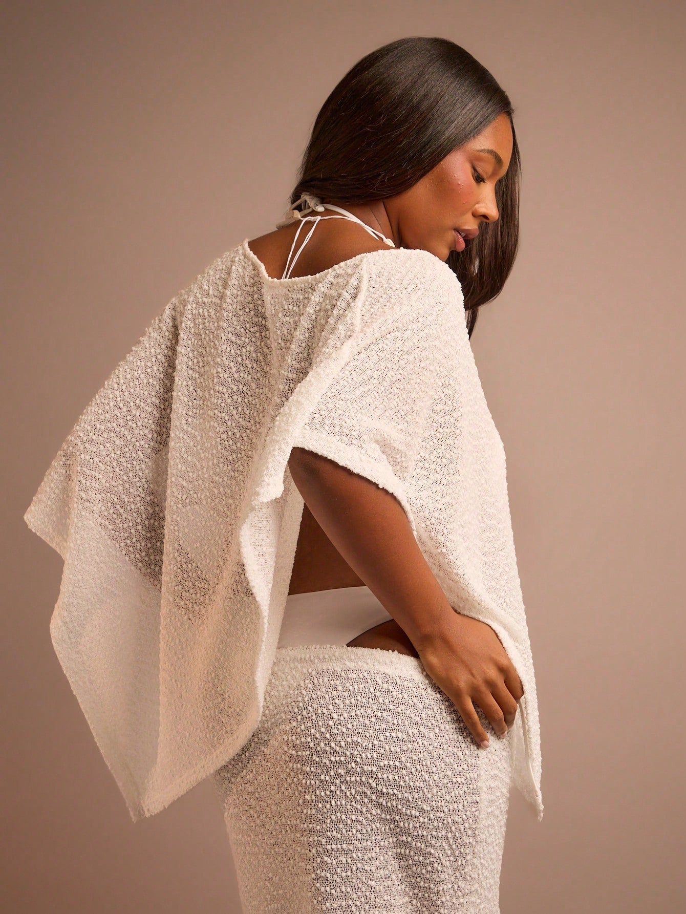 FASHION SZN Plus Size Womens Beach Fine Knit Beach Poncho Lightweight Beachwear Skirt Sold Separately. Top Only.Curve Cover Ups Plus Size Holiday Top Summer Vacation Loose Fit White Cover Up Elegant