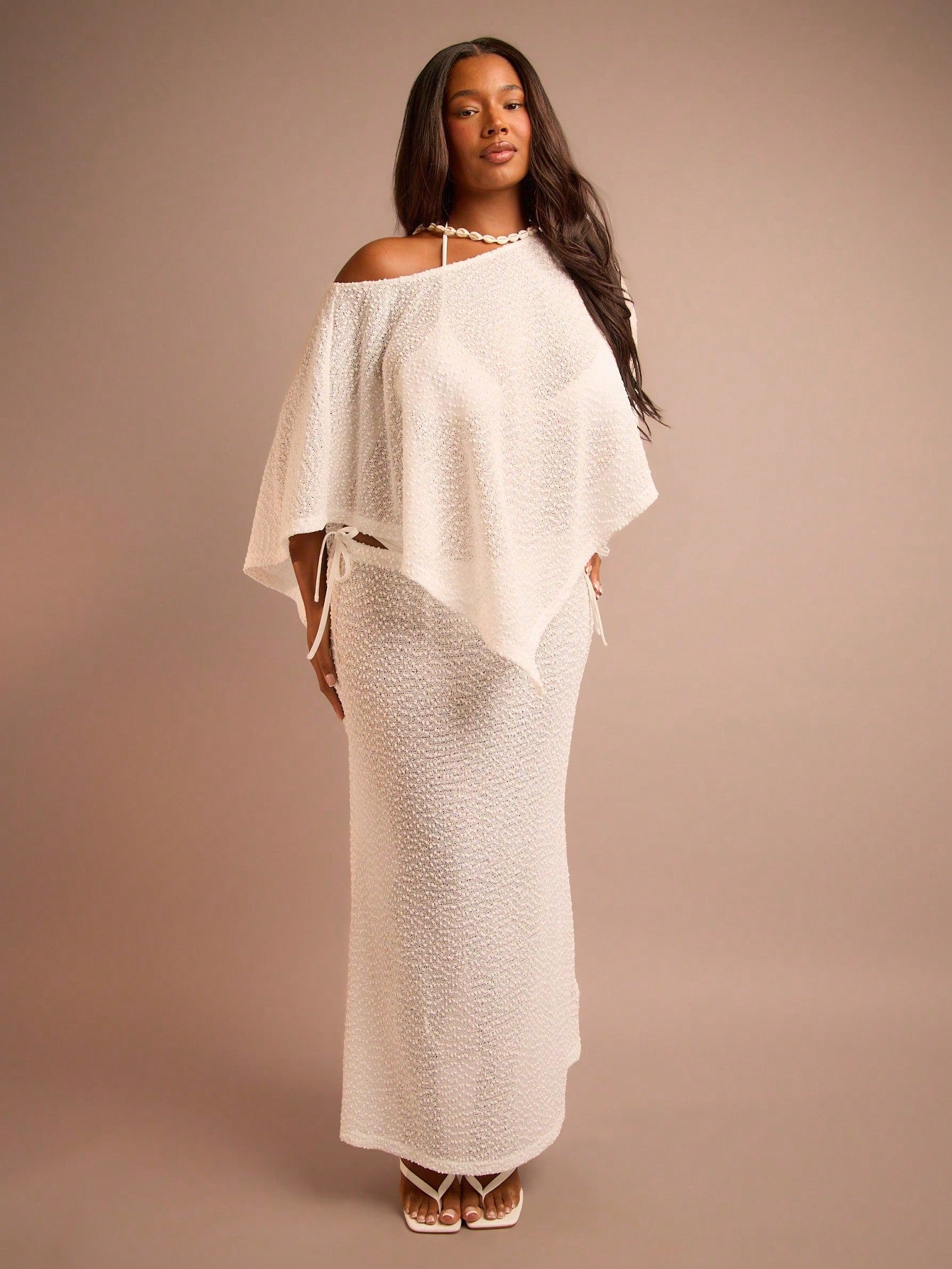 FASHION SZN Plus Size Womens Beach Fine Knit Beach Poncho Lightweight Beachwear Skirt Sold Separately. Top Only.Curve Cover Ups Plus Size Holiday Top Summer Vacation Loose Fit White Cover Up Elegant