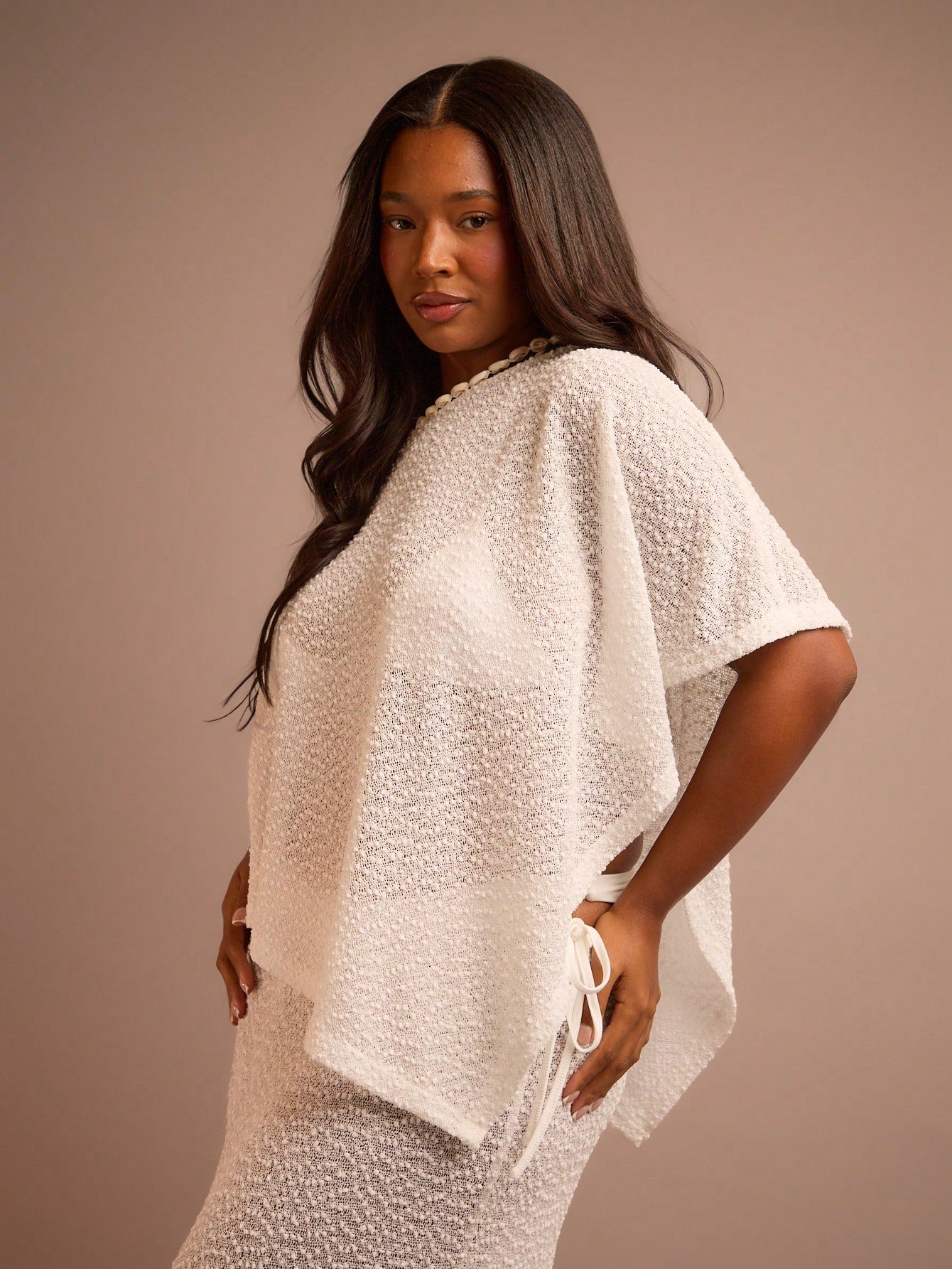 FASHION SZN Plus Size Womens Beach Fine Knit Beach Poncho Lightweight Beachwear Skirt Sold Separately. Top Only.Curve Cover Ups Plus Size Holiday Top Summer Vacation Loose Fit White Cover Up Elegant