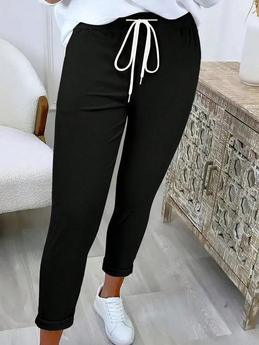 Fashionable Casual Solid Color Drawstring Waist Long Pants Black Spring, For Women