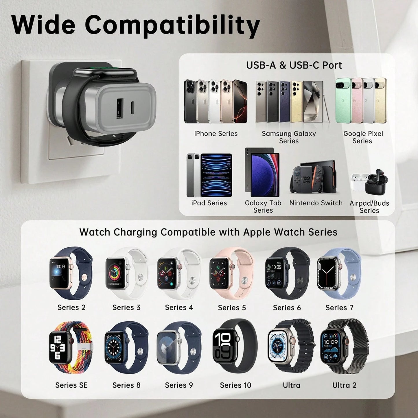 Fast Charging Watch Wireless Charging 3-In-1 Charger Compatible With Apple Watch Series 2/3/4/5/6/7/SE/8/9/10/Ultra, PD 25W USB C Fast Charging Dual Port Wall Charger Block, Travel Essential Charge Co