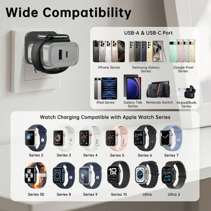 Fast Charging Watch Wireless Charging 3-In-1 Charger Compatible With Apple Watch Series 2/3/4/5/6/7/SE/8/9/10/Ultra, PD 25W USB C Fast Charging Dual Port Wall Charger Block, Travel Essential Charge Co