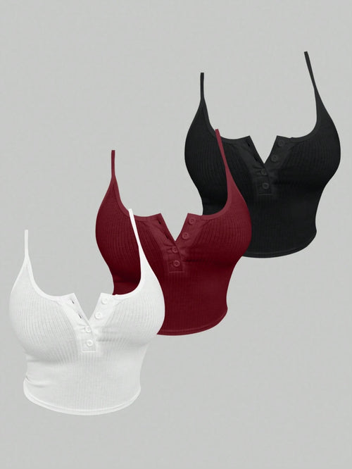 Femesol Women Summer Split Button Camisole With Multiple Colors Set