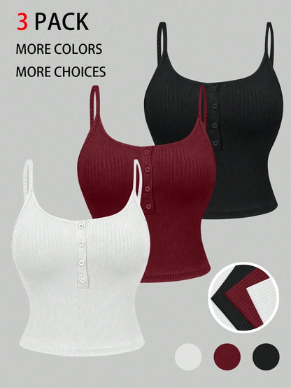 Femesol Women Summer Split Button Camisole With Multiple Colors Set