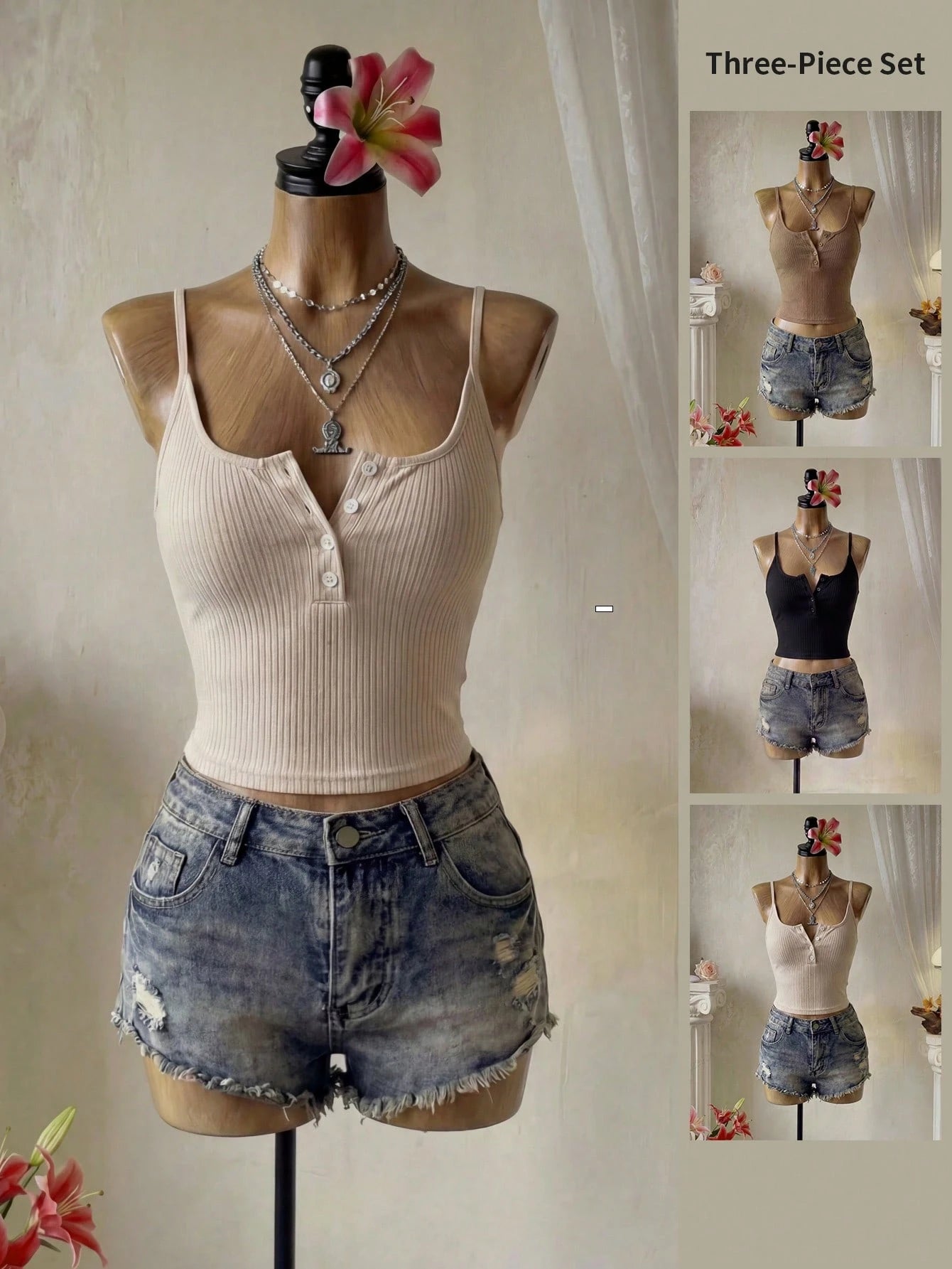 Femesol Women Summer Split Button Camisole With Multiple Colors Set