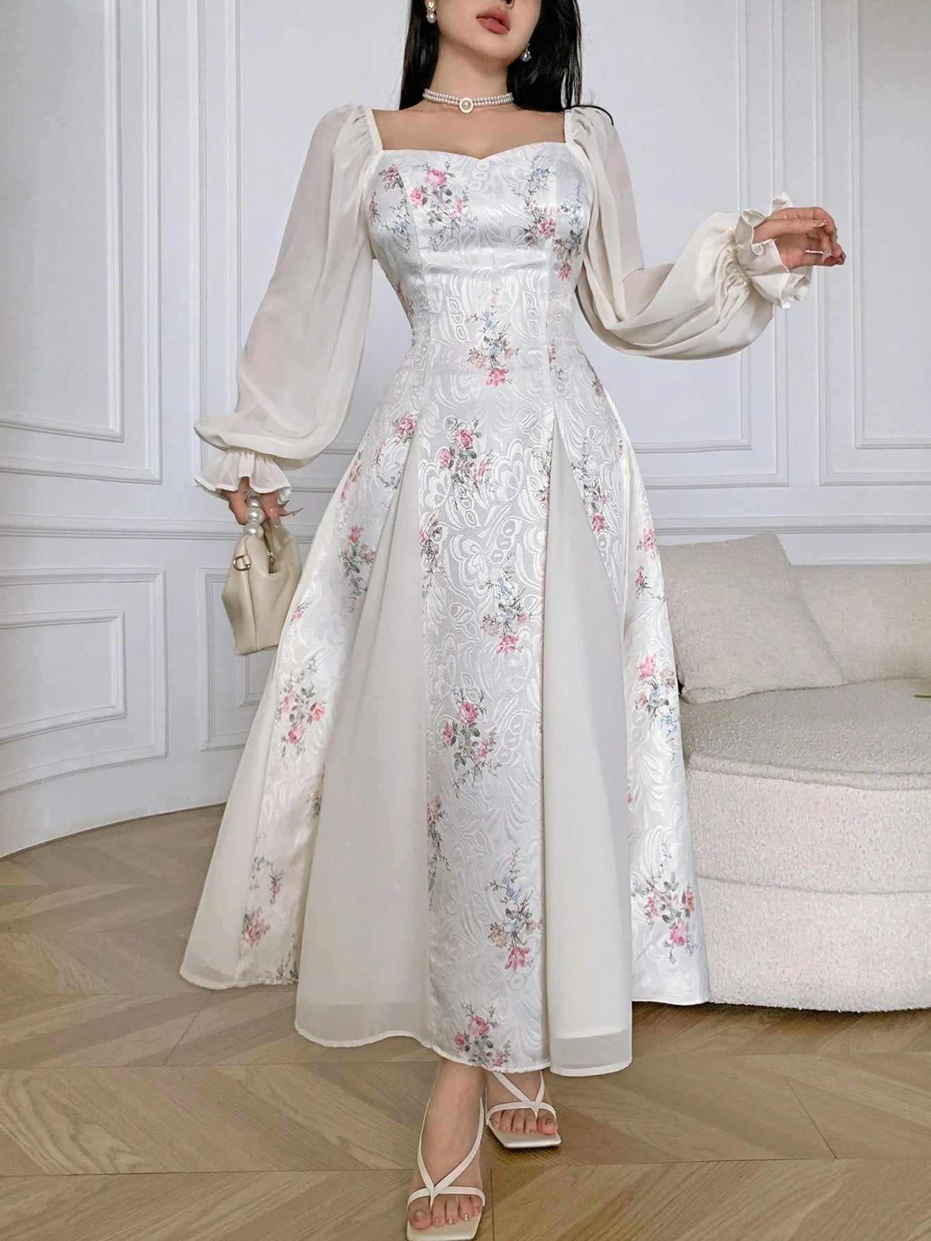Feyla Elegant Printed Puff Sleeve Women Dress Long Floral Tea Party Valentine's Day Holiday Outfits Spring Clothes Summer Outfit For