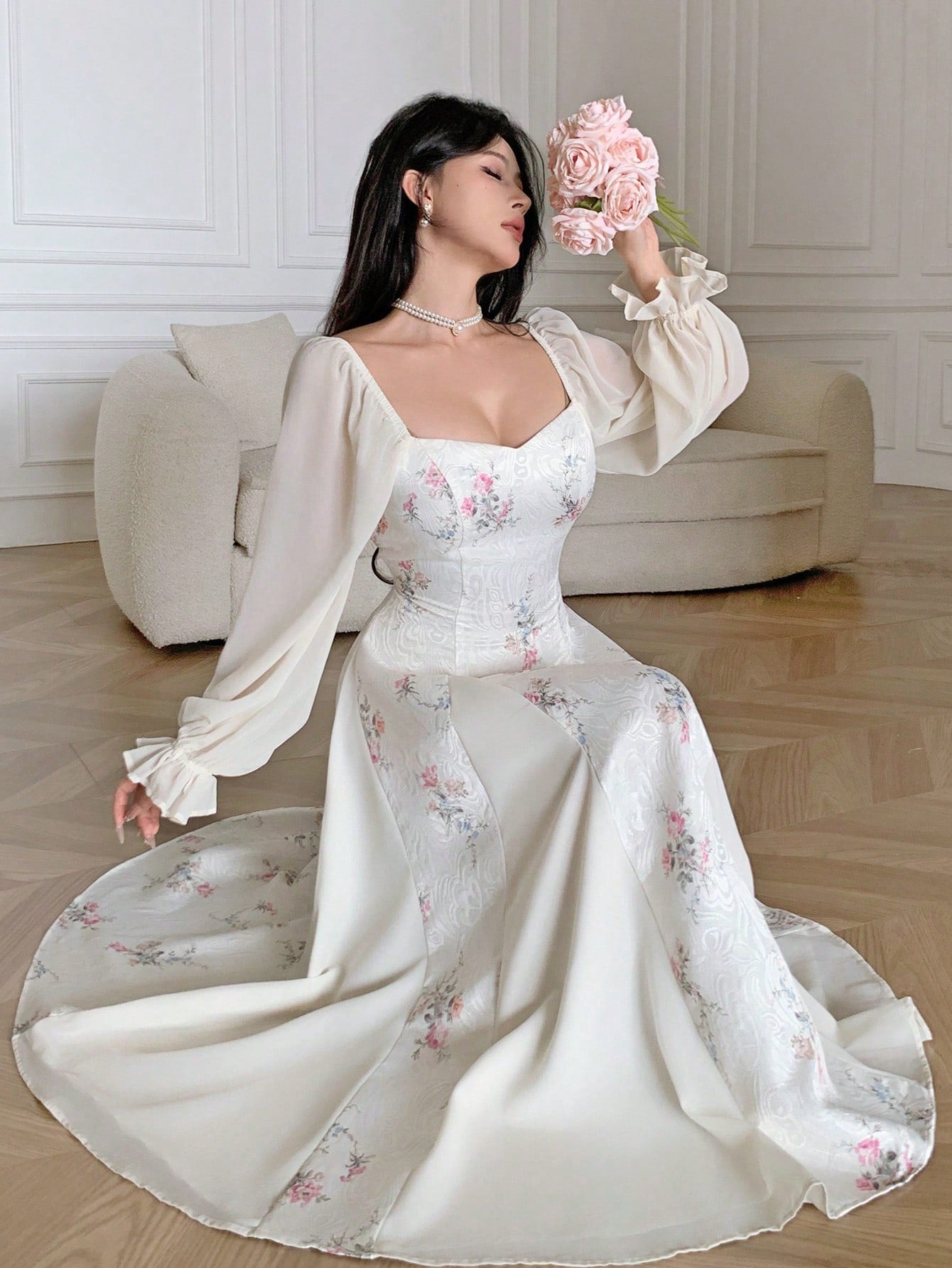 Feyla Elegant Printed Puff Sleeve Women Dress Long Floral Tea Party Valentine's Day Holiday Outfits Spring Clothes Summer Outfit For
