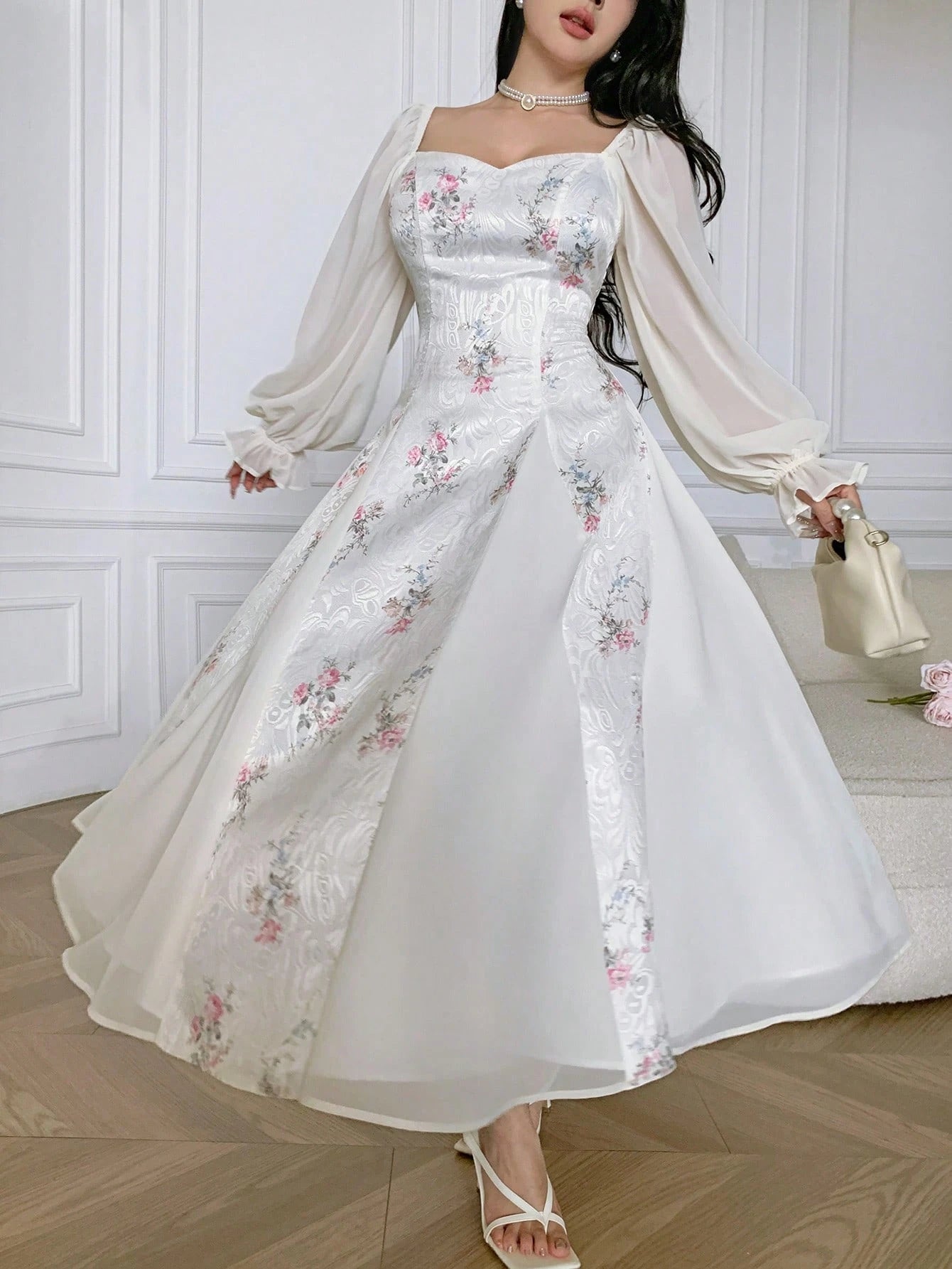 Feyla Elegant Printed Puff Sleeve Women Dress Long Floral Tea Party Valentine's Day Holiday Outfits Spring Clothes Summer Outfit For