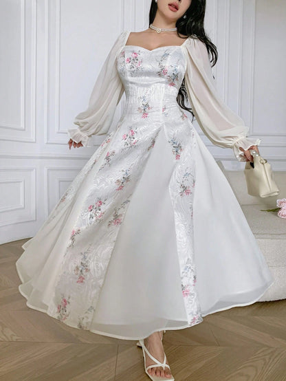 Feyla Elegant Printed Puff Sleeve Women Dress Long Floral Tea Party Valentine's Day Holiday Outfits Spring Clothes Summer Outfit For
