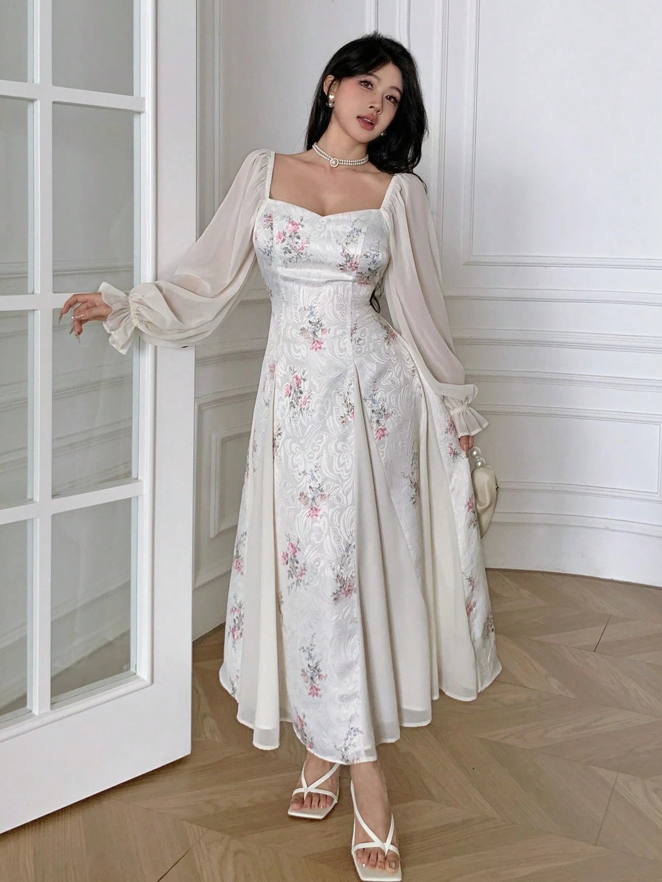 Feyla Elegant Printed Puff Sleeve Women Dress Long Floral Tea Party Valentine's Day Holiday Outfits Spring Clothes Summer Outfit For