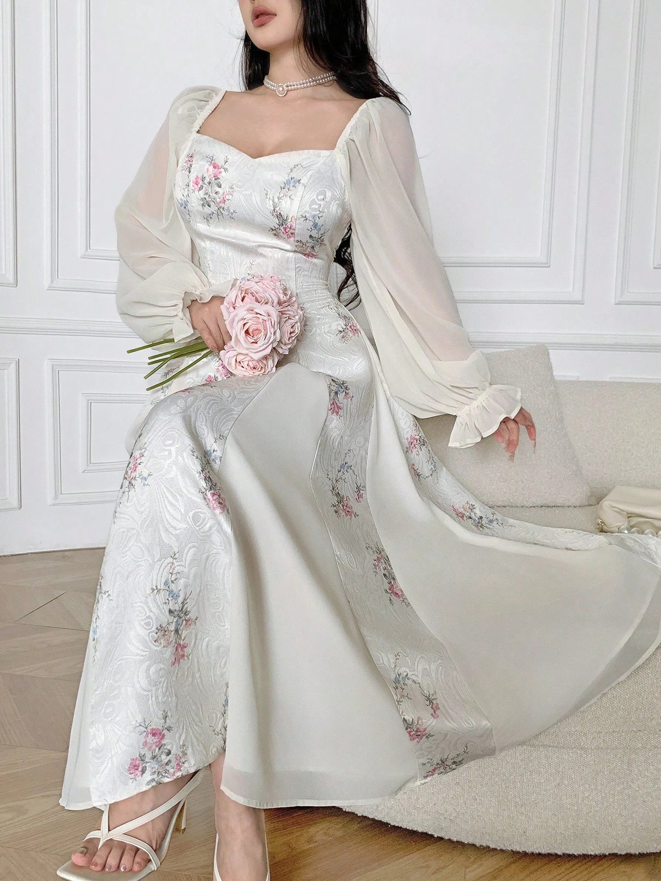 Feyla Elegant Printed Puff Sleeve Women Dress Long Floral Tea Party Valentine's Day Holiday Outfits Spring Clothes Summer Outfit For