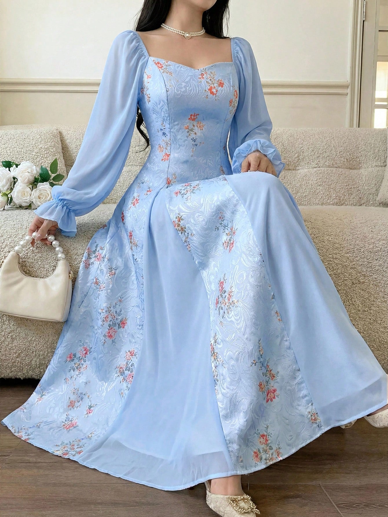 Feyla Elegant Printed Puff Sleeve Women Dress Long Floral Tea Party Valentine's Day Holiday Outfits Spring Clothes Summer Outfit For
