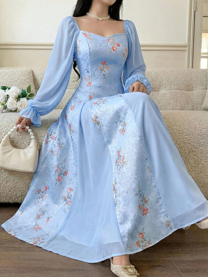 Feyla Elegant Printed Puff Sleeve Women Dress Long Floral Tea Party Valentine's Day Holiday Outfits Spring Clothes Summer Outfit For
