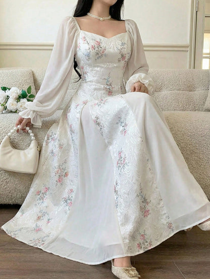 Feyla Elegant Printed Puff Sleeve Women Dress Long Floral Tea Party Valentine's Day Holiday Outfits Spring Clothes Summer Outfit For