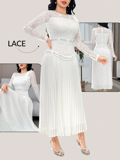 Feyla Women's Elegant White Summer Wedding Guest Dress,Floral Lace Patchwork Long Sleeve Mid-Length Pleated Hem Evening Gown,Bow Shoulder Tea Party Outfits