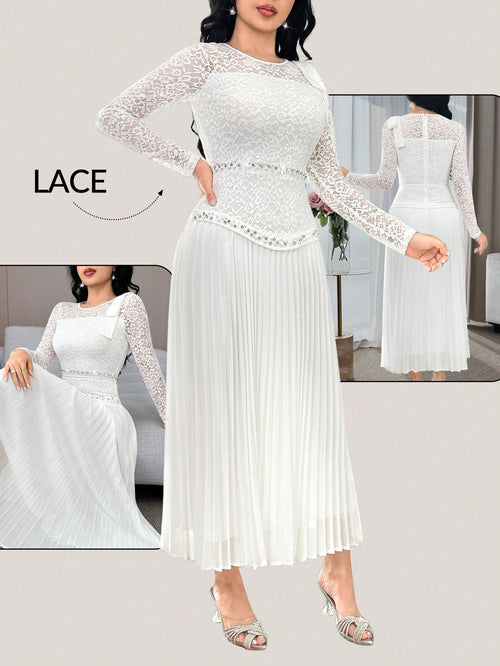 Feyla Women's Elegant White Summer Wedding Guest Dress,Floral Lace Patchwork Long Sleeve Mid-Length Pleated Hem Evening Gown,Bow Shoulder Tea Party Outfits