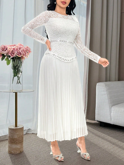 Feyla Women's Elegant White Summer Wedding Guest Dress,Floral Lace Patchwork Long Sleeve Mid-Length Pleated Hem Evening Gown,Bow Shoulder Tea Party Outfits