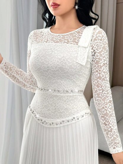 Feyla Women's Elegant White Summer Wedding Guest Dress,Floral Lace Patchwork Long Sleeve Mid-Length Pleated Hem Evening Gown,Bow Shoulder Tea Party Outfits