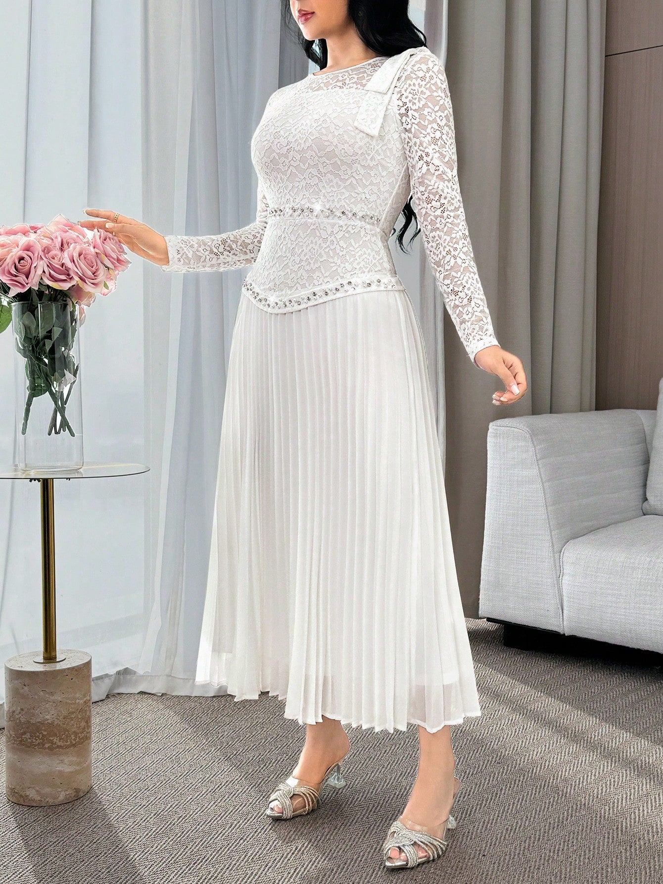 Feyla Women's Elegant White Summer Wedding Guest Dress,Floral Lace Patchwork Long Sleeve Mid-Length Pleated Hem Evening Gown,Bow Shoulder Tea Party Outfits