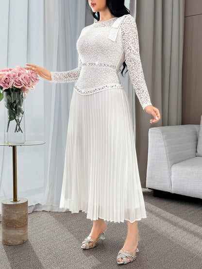 Feyla Women's Elegant White Summer Wedding Guest Dress,Floral Lace Patchwork Long Sleeve Mid-Length Pleated Hem Evening Gown,Bow Shoulder Tea Party Outfits