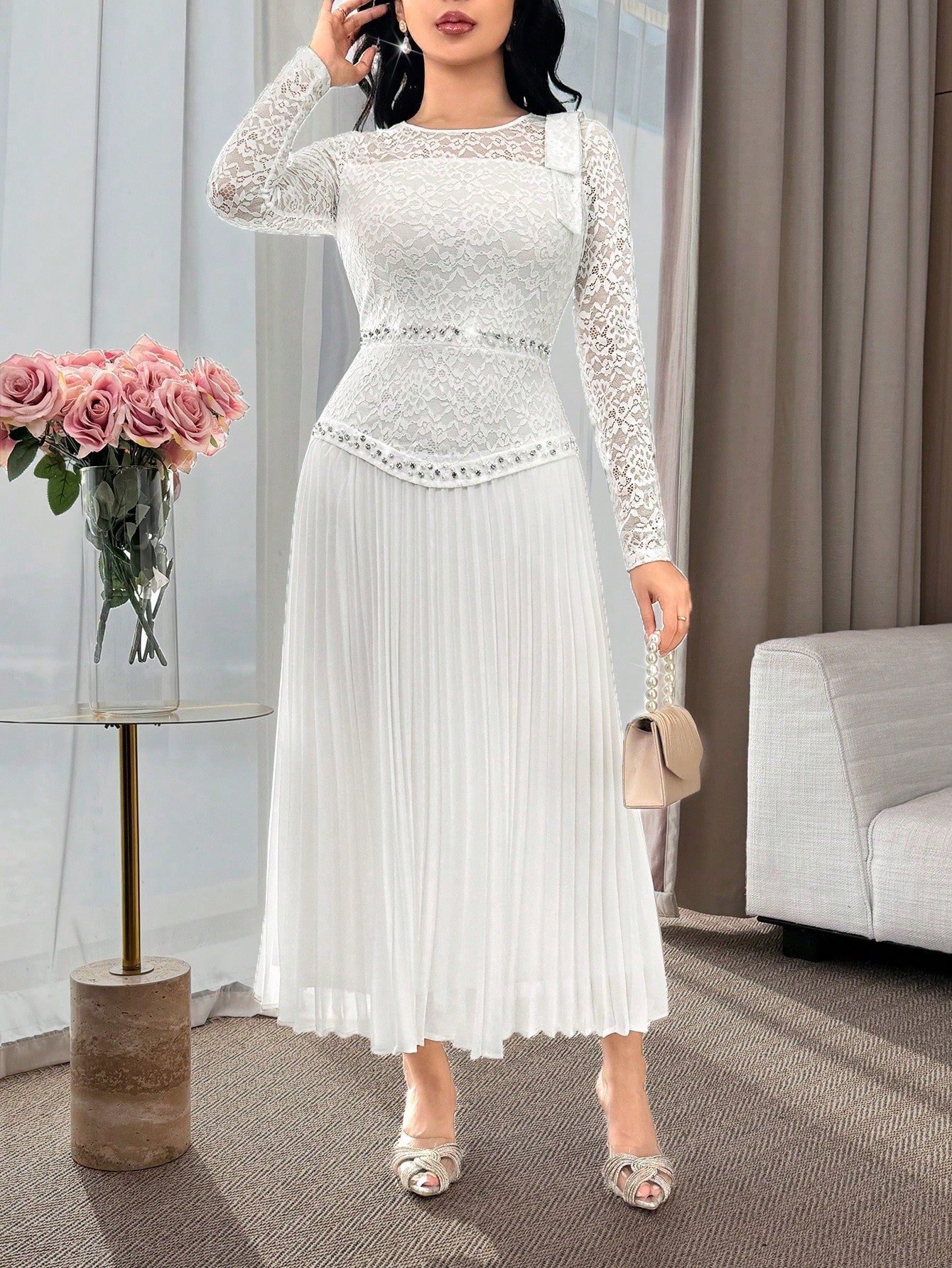 Feyla Women's Elegant White Summer Wedding Guest Dress,Floral Lace Patchwork Long Sleeve Mid-Length Pleated Hem Evening Gown,Bow Shoulder Tea Party Outfits