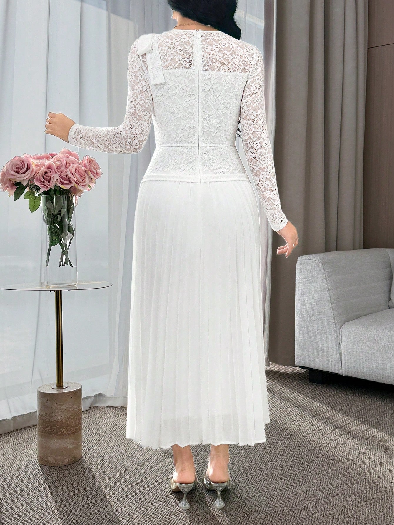 Feyla Women's Elegant White Summer Wedding Guest Dress,Floral Lace Patchwork Long Sleeve Mid-Length Pleated Hem Evening Gown,Bow Shoulder Tea Party Outfits