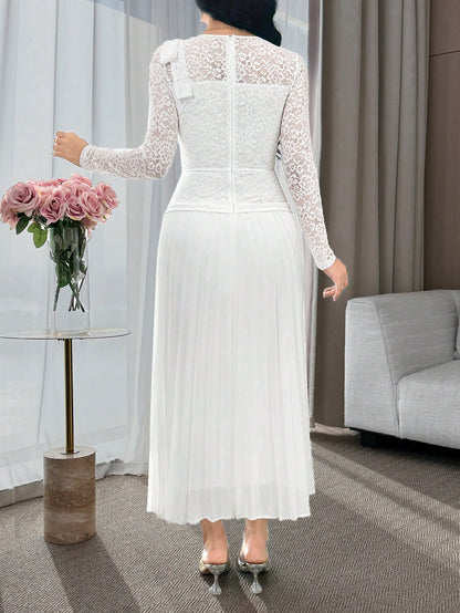 Feyla Women's Elegant White Summer Wedding Guest Dress,Floral Lace Patchwork Long Sleeve Mid-Length Pleated Hem Evening Gown,Bow Shoulder Tea Party Outfits