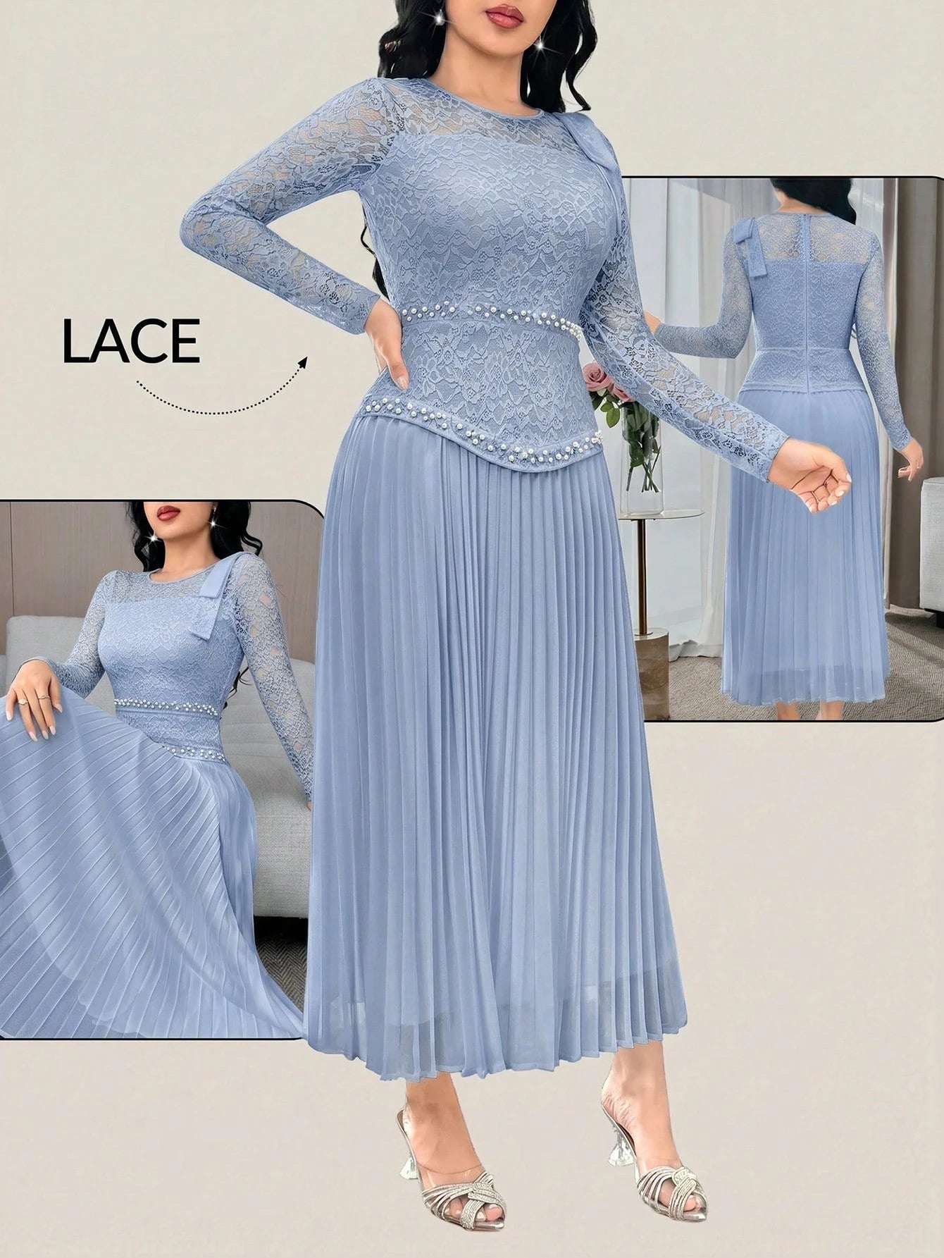 Feyla Women's Elegant White Summer Wedding Guest Dress,Floral Lace Patchwork Long Sleeve Mid-Length Pleated Hem Evening Gown,Bow Shoulder Tea Party Outfits