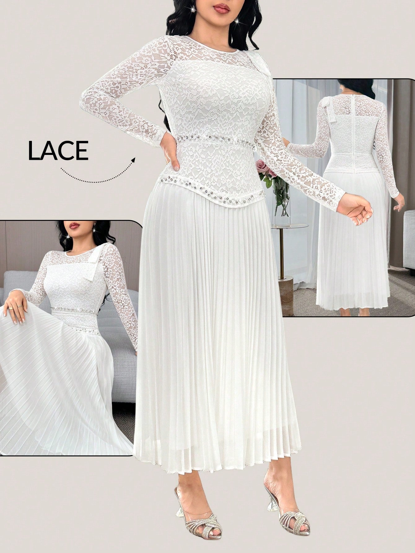 Feyla Women's Elegant White Summer Wedding Guest Dress,Floral Lace Patchwork Long Sleeve Mid-Length Pleated Hem Evening Gown,Bow Shoulder Tea Party Outfits