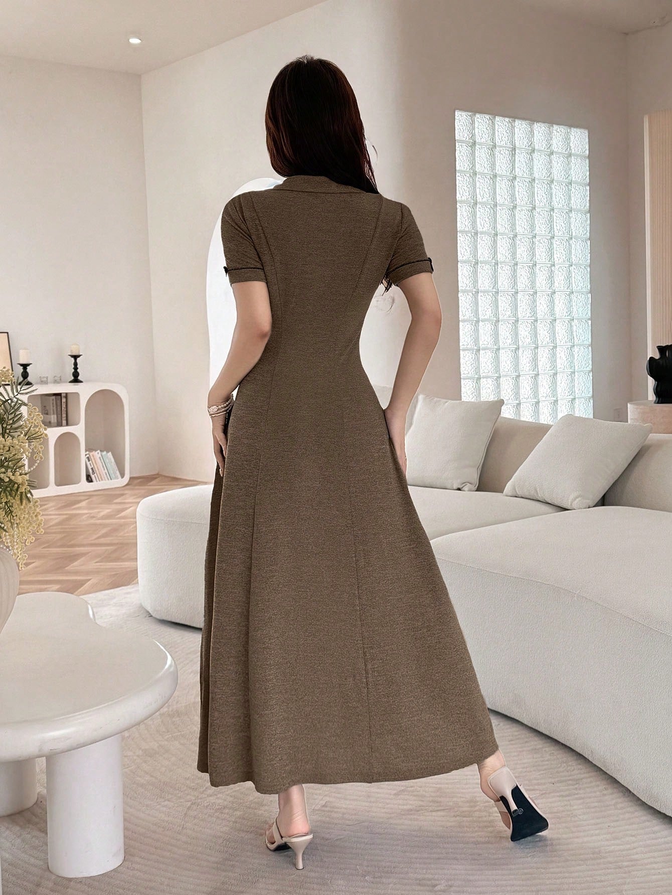 Feyla Women's Fashionable Elegant Cute Bow Zip-Up Waist Cinched Mid-Length Dress Date Night Shades Of Brown Summer