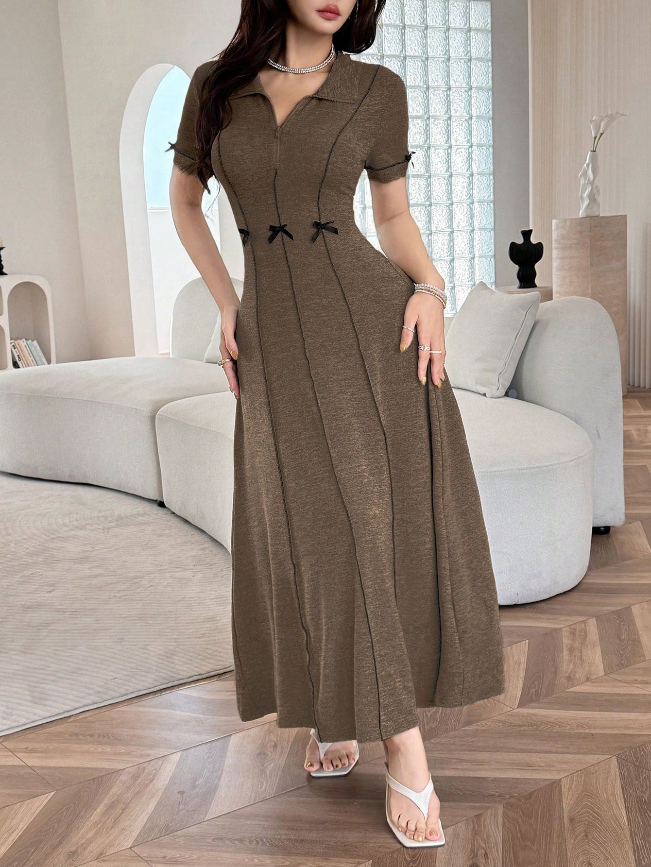 Feyla Women's Fashionable Elegant Cute Bow Zip-Up Waist Cinched Mid-Length Dress Date Night Shades Of Brown Summer