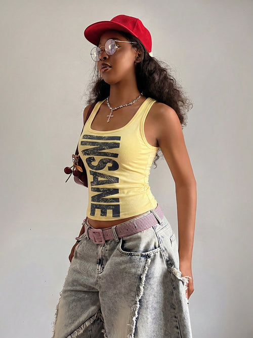 Fiercella Fiercella Women's Spring/Summer U-Neck White Wasteland Style Print Fitted Comfortable Streetwear Y2K Hot Girl Rock Sexy Tank Top