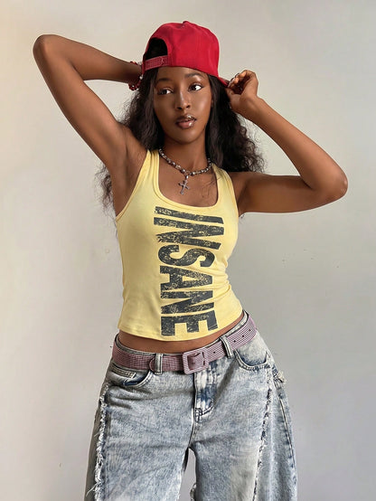 Fiercella Fiercella Women's Spring/Summer U-Neck White Wasteland Style Print Fitted Comfortable Streetwear Y2K Hot Girl Rock Sexy Tank Top