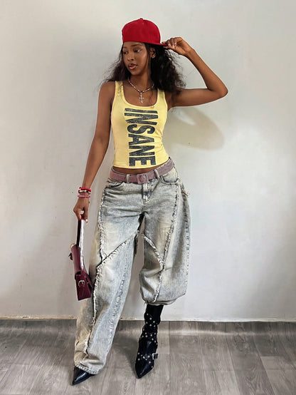 Fiercella Fiercella Women's Spring/Summer U-Neck White Wasteland Style Print Fitted Comfortable Streetwear Y2K Hot Girl Rock Sexy Tank Top