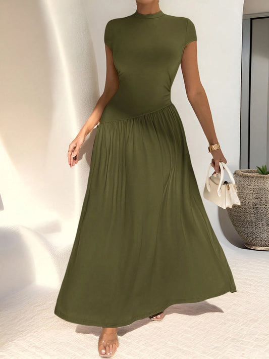 Firerie Elegant Minimalist Solid Color Short Sleeve Fitted Stand Collar Asymmetric A-Line Waisted Long Dress For Daily Wear