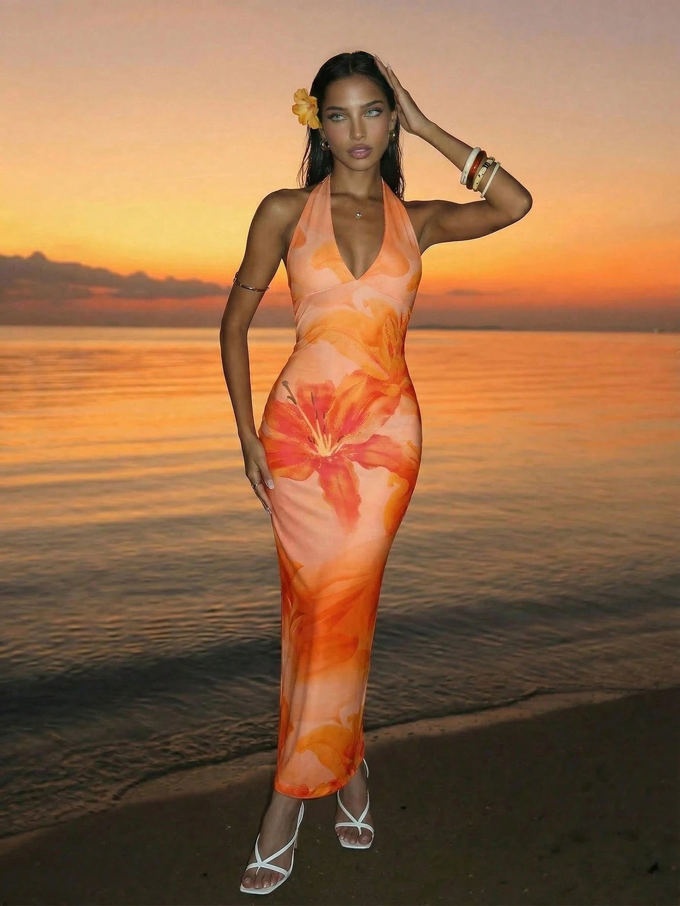 Firerie Elegant Sexy Tropical V-Neck Lily Pink Orange Floral Bodycon Dress, Summer Casual Holiday Vacation Sunset Maxi Beach Resort Outfit, Hawaii Women