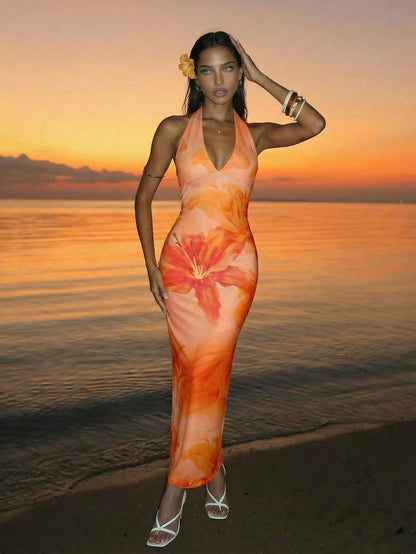 Firerie Elegant Sexy Tropical V-Neck Lily Pink Orange Floral Bodycon Dress, Summer Casual Holiday Vacation Sunset Maxi Beach Resort Outfit, Hawaii Women