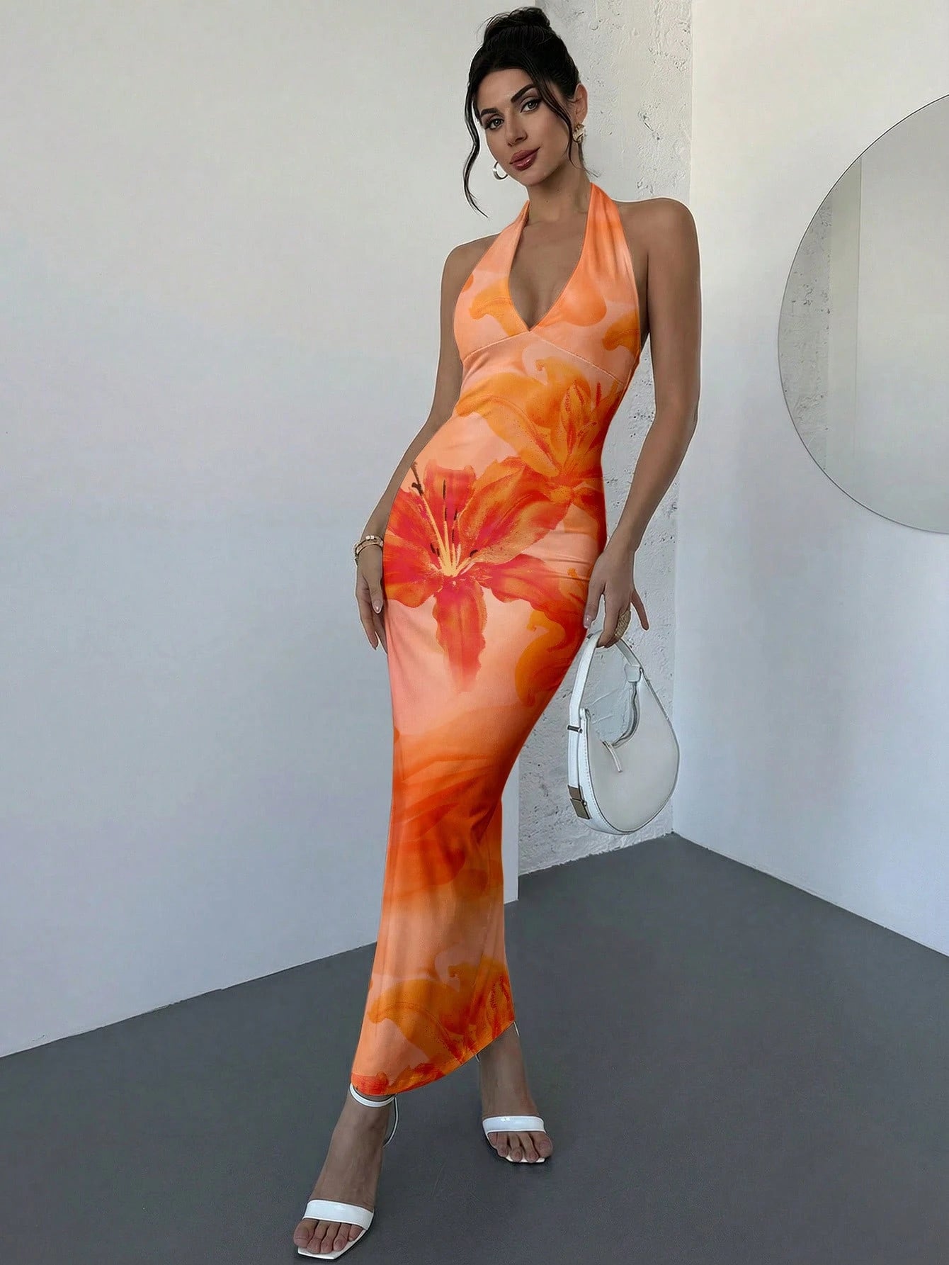 Firerie Elegant Sexy Tropical V-Neck Lily Pink Orange Floral Bodycon Dress, Summer Casual Holiday Vacation Sunset Maxi Beach Resort Outfit, Hawaii Women