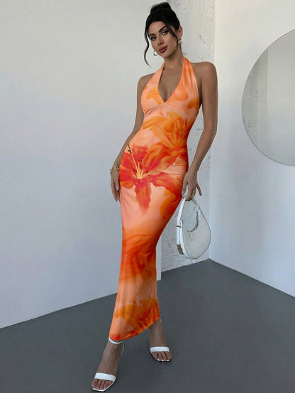 Firerie Elegant Sexy Tropical V-Neck Lily Pink Orange Floral Bodycon Dress, Summer Casual Holiday Vacation Sunset Maxi Beach Resort Outfit, Hawaii Women