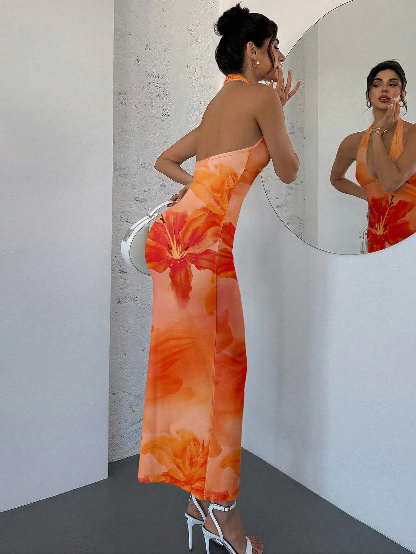 Firerie Elegant Sexy Tropical V-Neck Lily Pink Orange Floral Bodycon Dress, Summer Casual Holiday Vacation Sunset Maxi Beach Resort Outfit, Hawaii Women