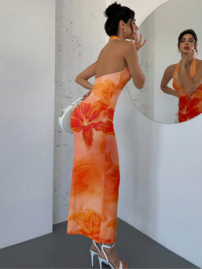 Firerie Elegant Sexy Tropical V-Neck Lily Pink Orange Floral Bodycon Dress, Summer Casual Holiday Vacation Sunset Maxi Beach Resort Outfit, Hawaii Women