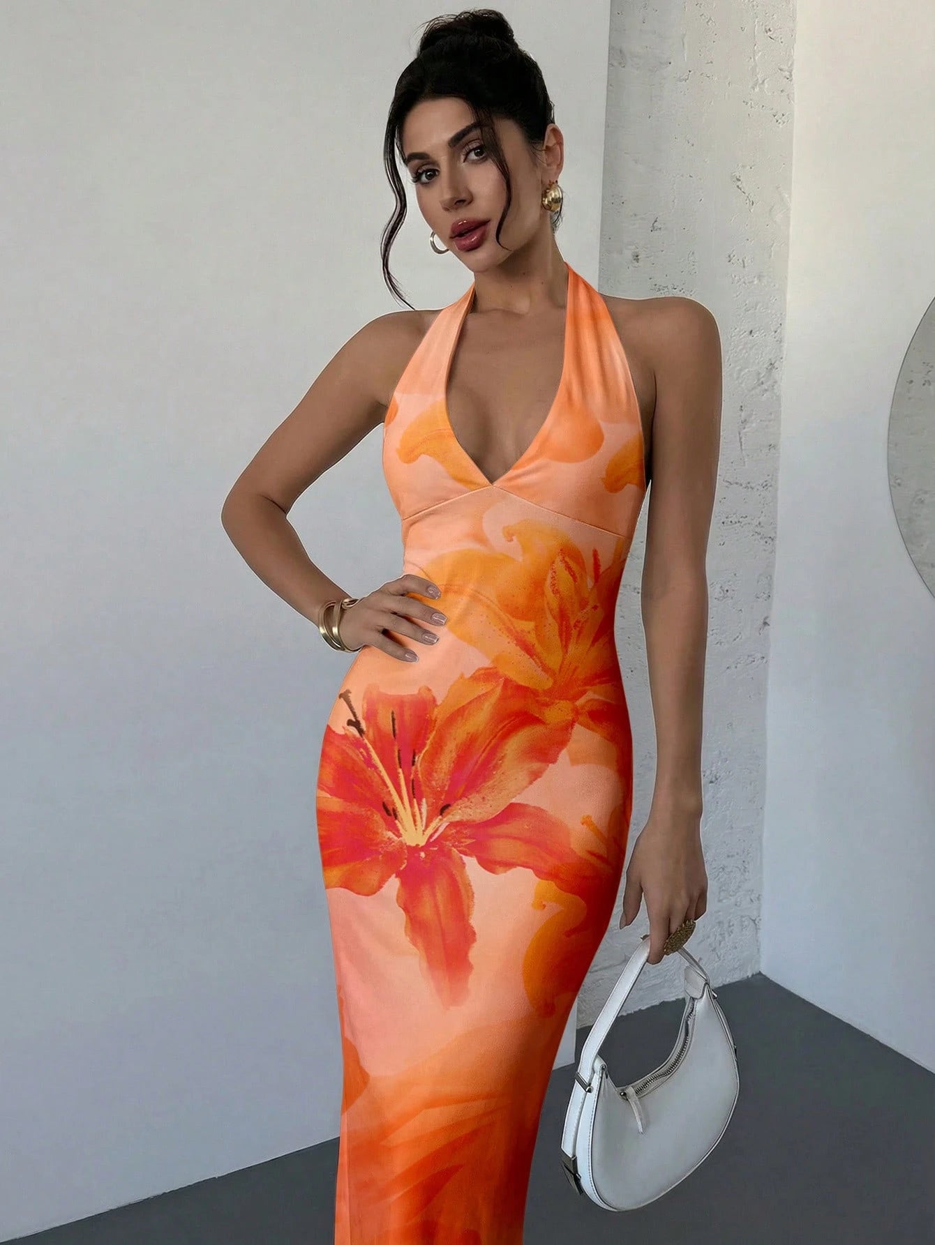 Firerie Elegant Sexy Tropical V-Neck Lily Pink Orange Floral Bodycon Dress, Summer Casual Holiday Vacation Sunset Maxi Beach Resort Outfit, Hawaii Women