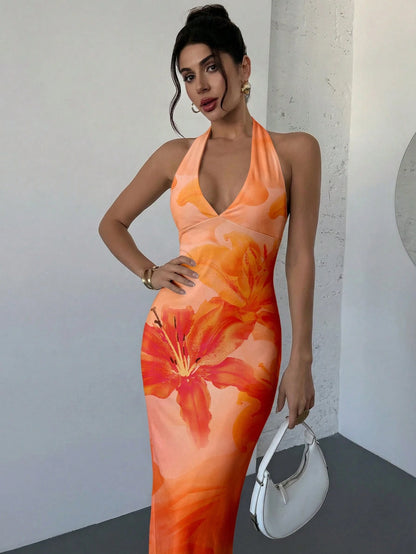 Firerie Elegant Sexy Tropical V-Neck Lily Pink Orange Floral Bodycon Dress, Summer Casual Holiday Vacation Sunset Maxi Beach Resort Outfit, Hawaii Women