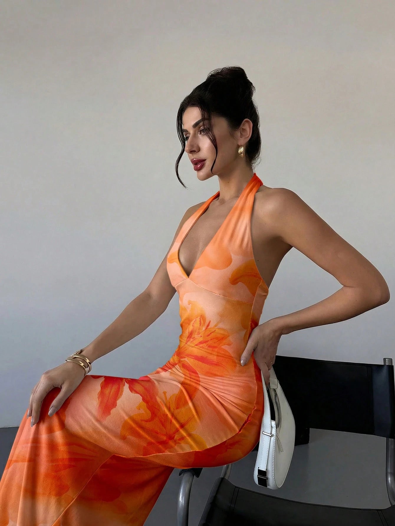 Firerie Elegant Sexy Tropical V-Neck Lily Pink Orange Floral Bodycon Dress, Summer Casual Holiday Vacation Sunset Maxi Beach Resort Outfit, Hawaii Women