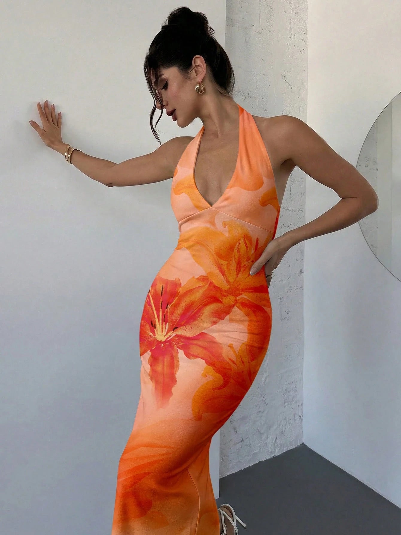 Firerie Elegant Sexy Tropical V-Neck Lily Pink Orange Floral Bodycon Dress, Summer Casual Holiday Vacation Sunset Maxi Beach Resort Outfit, Hawaii Women