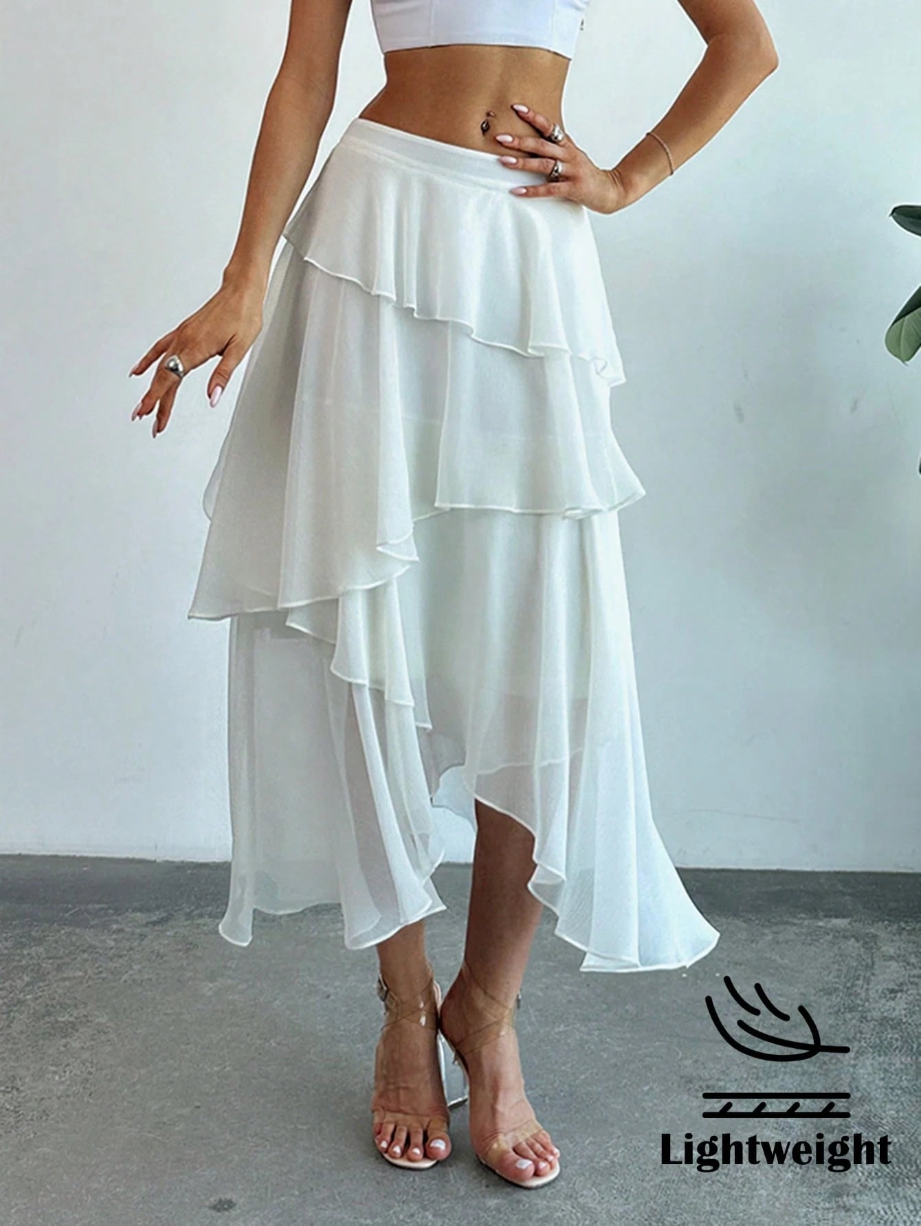Firerie Elegant White Chiffon Ruffled Asymmetrical Mid-Length Skirt,Summer Vacation Holiday Boho Wedding Guest Special Occasion Celebration Beach
