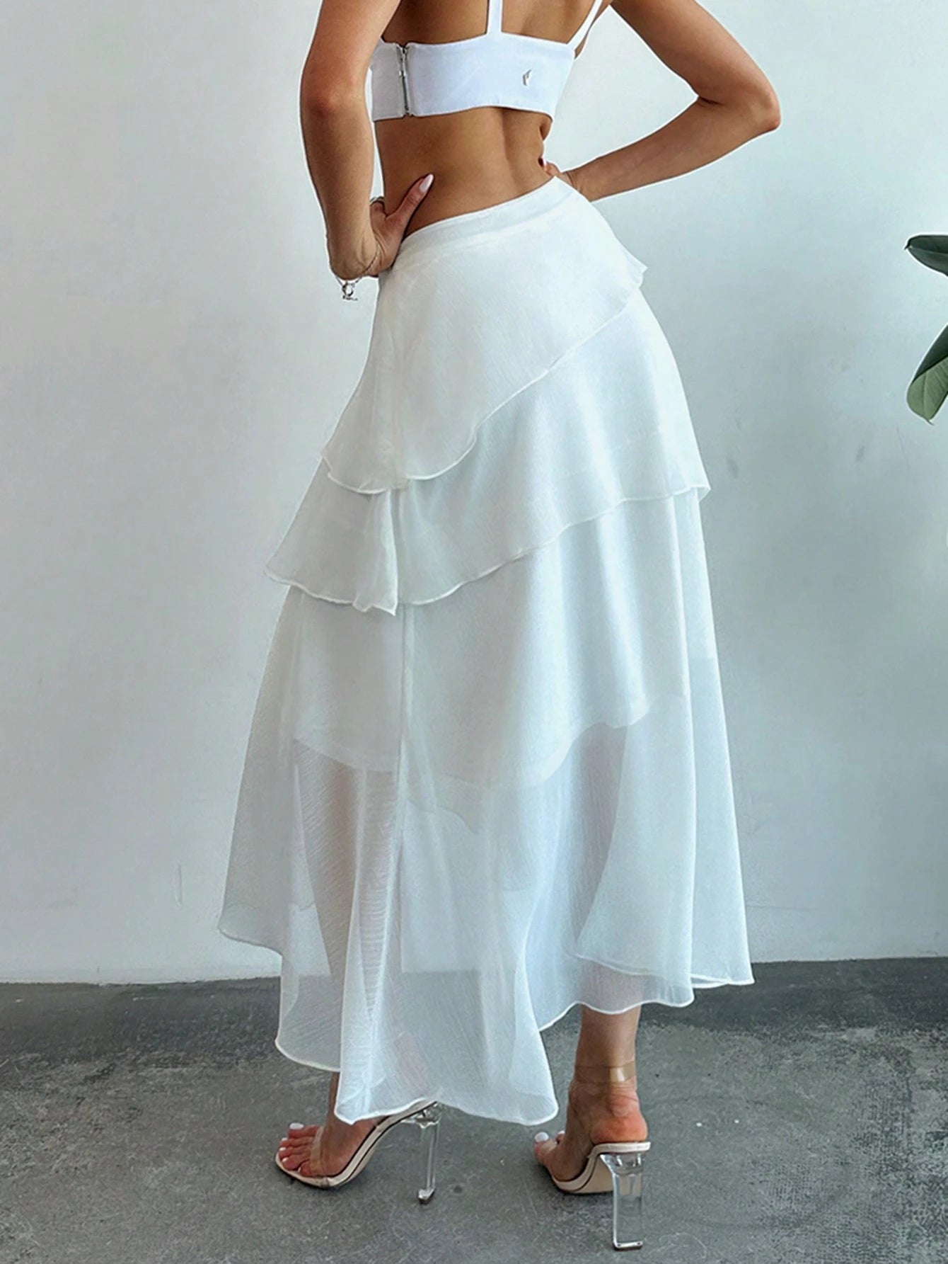 Firerie Elegant White Chiffon Ruffled Asymmetrical Mid-Length Skirt,Summer Vacation Holiday Boho Wedding Guest Special Occasion Celebration Beach